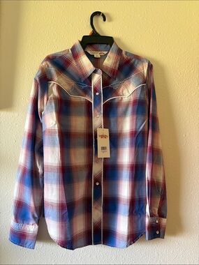 Womens Plaid Western Button-Down Shirt - Blue & Red